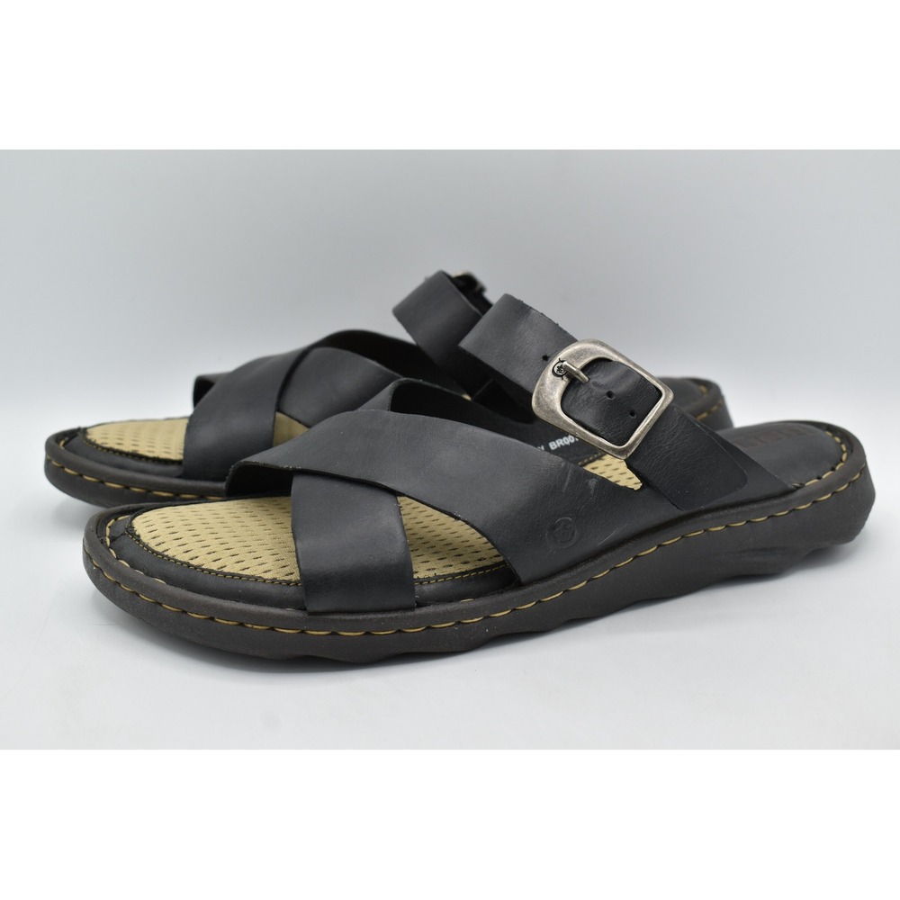 Born Salas Slide Sandals Womens 9 Black Leather Buckle Cross Strap Comfort